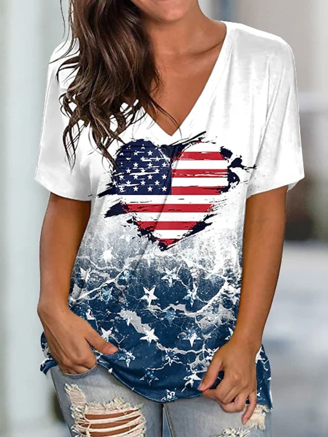 T-shirt da donna modello bandiera americana stampa 3D scollo a v manica corta estate abbigliamento Casual da donna Harajuku Y2K abbigliamento Hip Hop