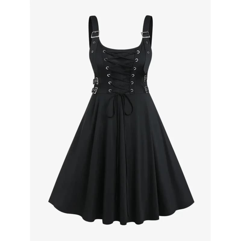 ROSEGAL Plus Size Nero Vita alta Abito da festa al ginocchio per le donne Gotico Lace Up Fibbie Abiti senza maniche senza schienale V