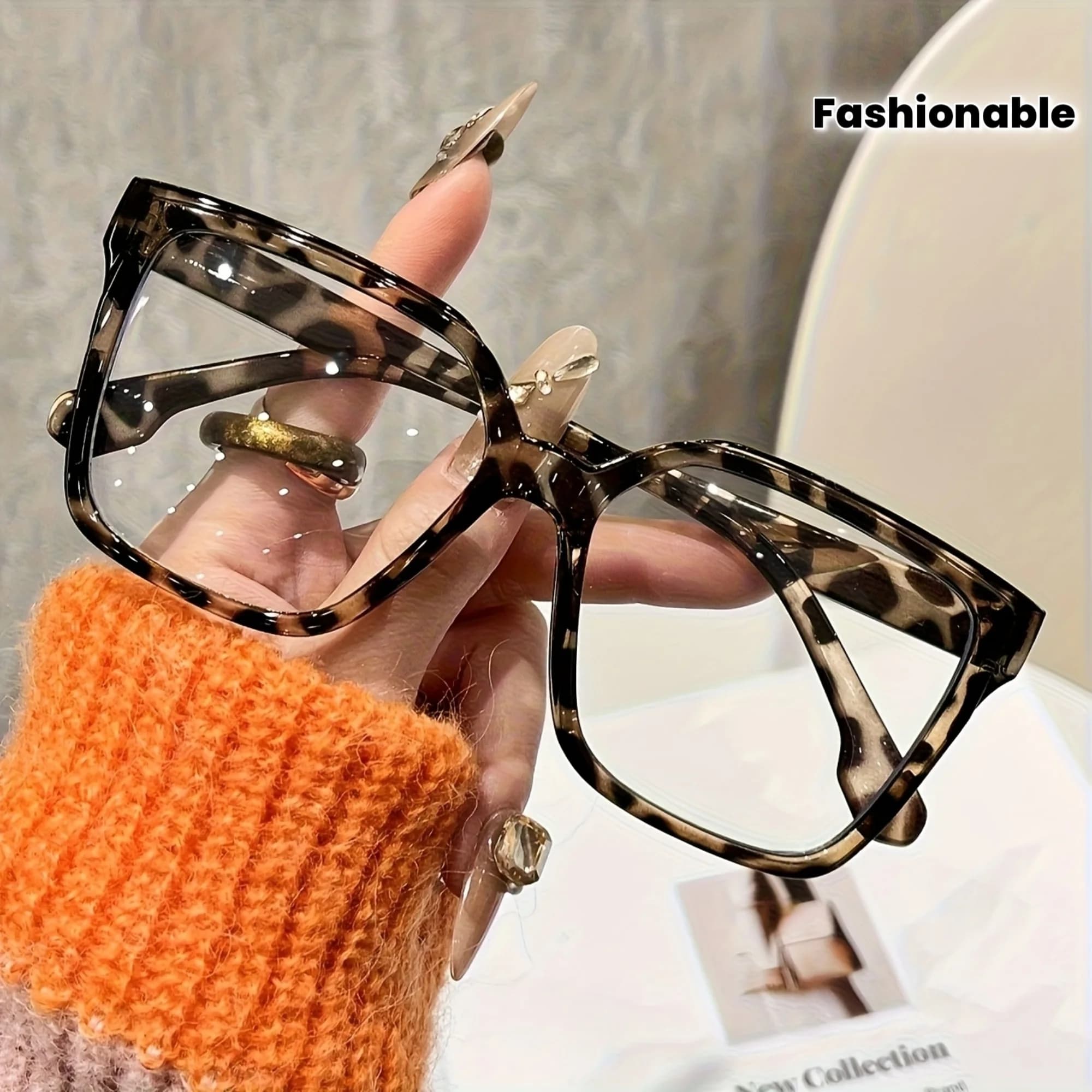 1 pair of women's bohemian square transparent glasses, fashionable leopard print and solid color, PC polycarbonate material, full frame design