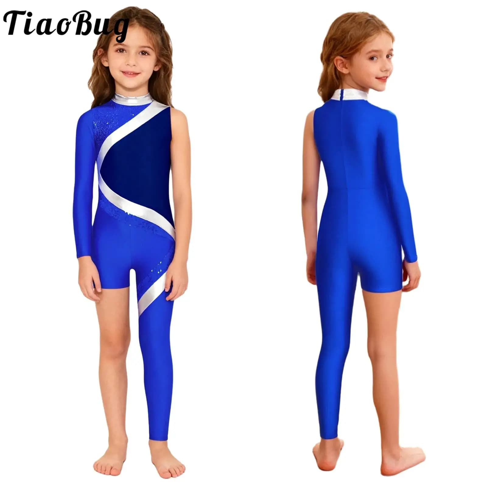 Pattinaggio di figura Bambini Ragazze Ginnastica ritmica Body Body Asimmetrico Paillettes lucide Colore a contrasto Tuta Performance