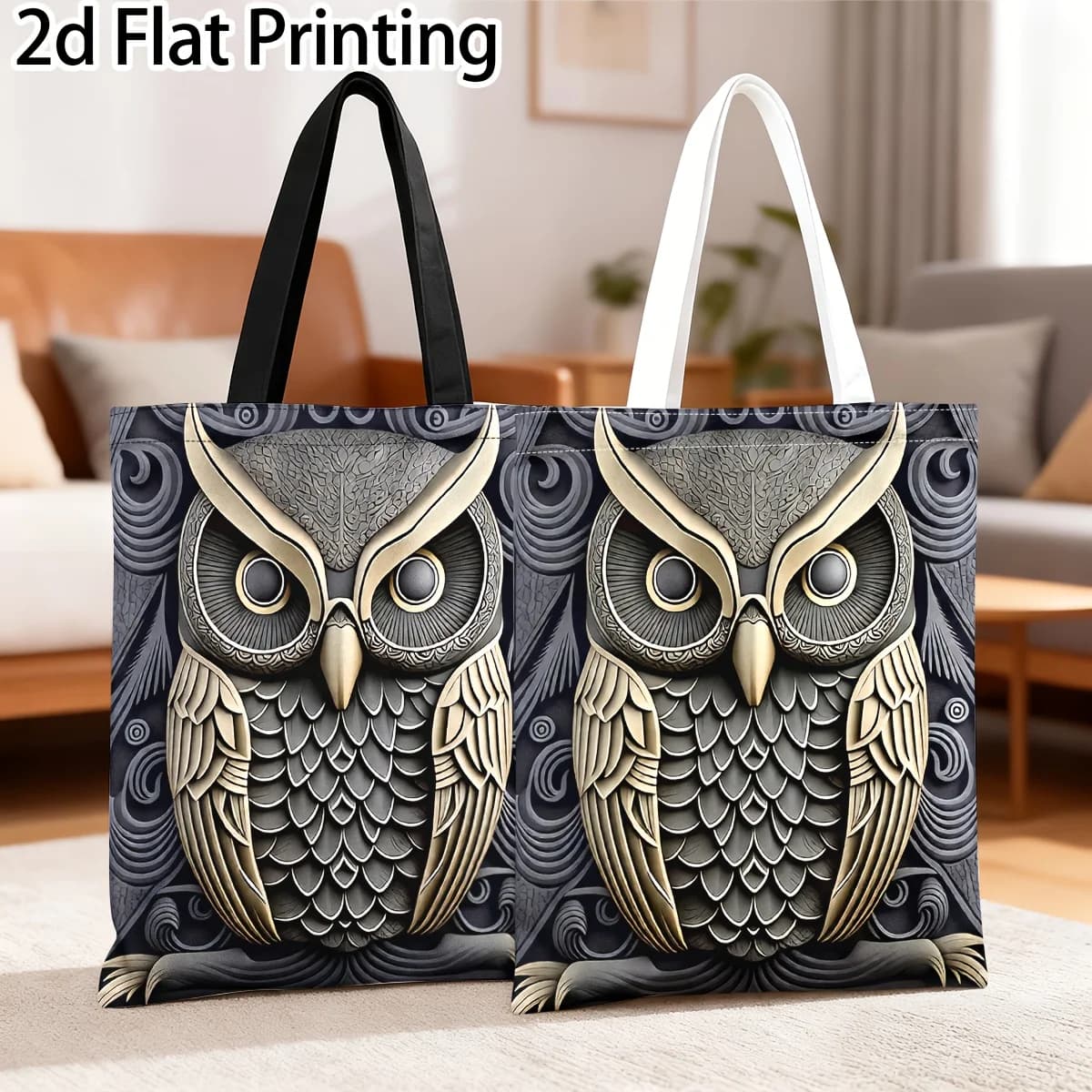 1pc Shopping Bag with Gorgeous Owl and Chinese Knot Pattern Polyester Foldable High-Quality for Daily Travel Use Handbag