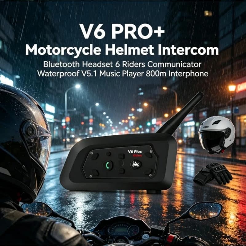Interfono per Casco V6 PRO+ BT5.1 Wireless, Comunicazione Impermeabile per 6 Motociclisti, Portata 800m
