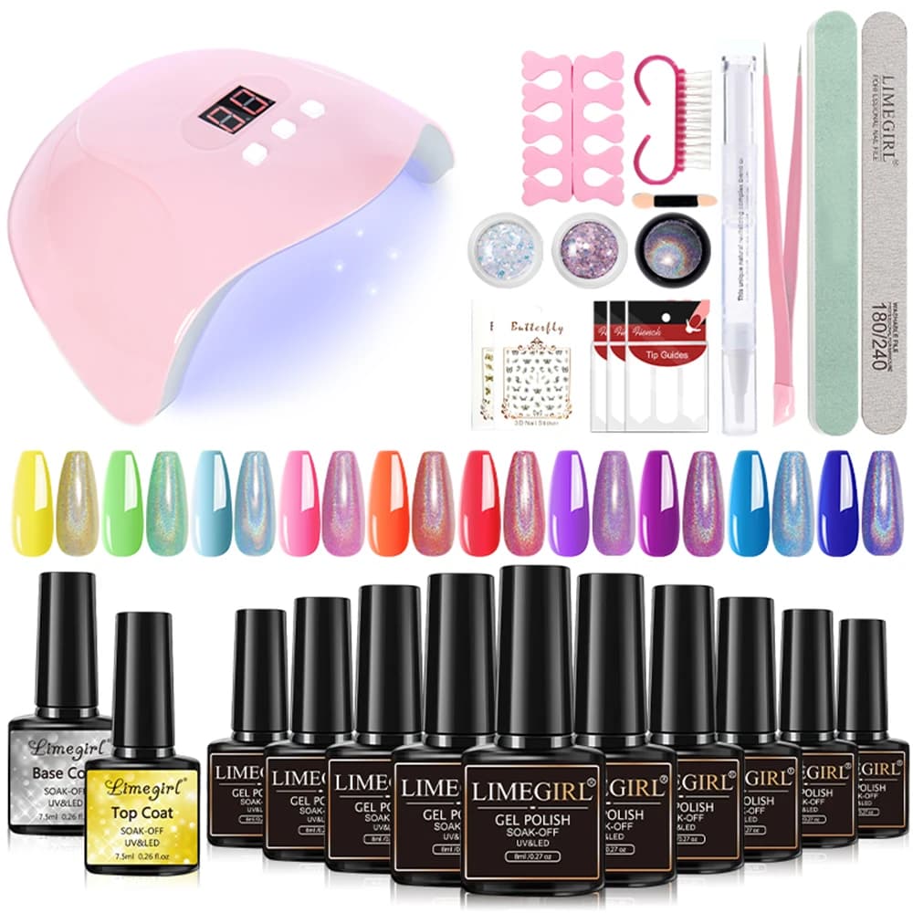 LIMEGIRL Set di Smalti Gel per Unghie in 9 Colori con Luce UV LED, Smalto Semipermanente, Base Coat, Strumento di Lucidatura, Kit Gel per Unghie