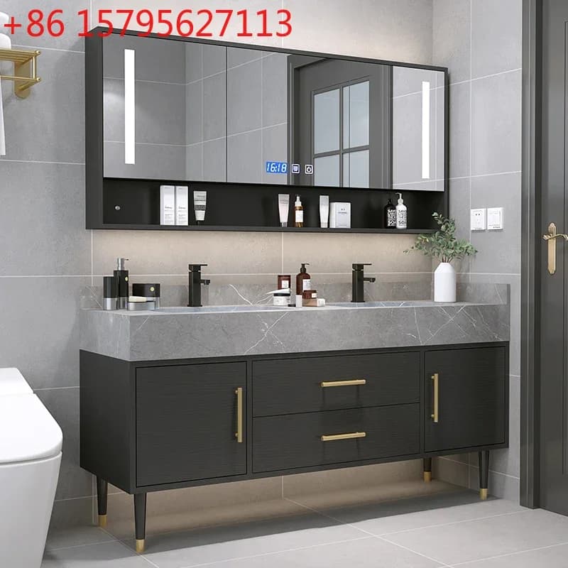 Set di accessori bagno con piano in marmo, mobile in legno massello intelligente, specchio smart, lavabo e rubinetto combinati XH