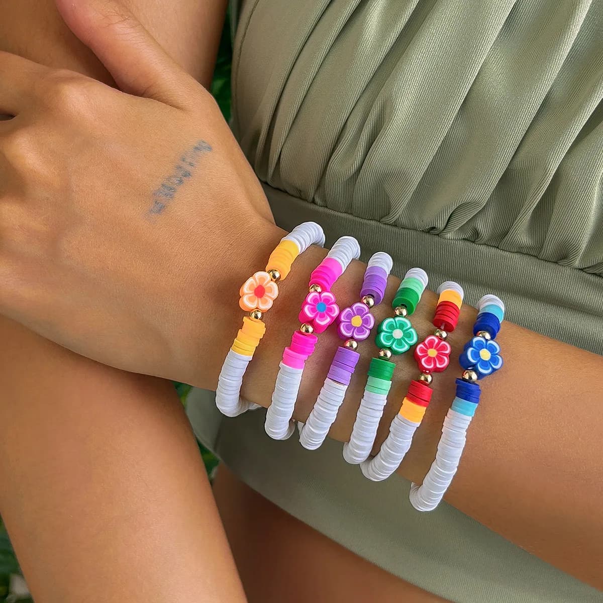 Set di braccialetti geometrici in polimer clay impilabili per donna, braccialetto floreale colorato
