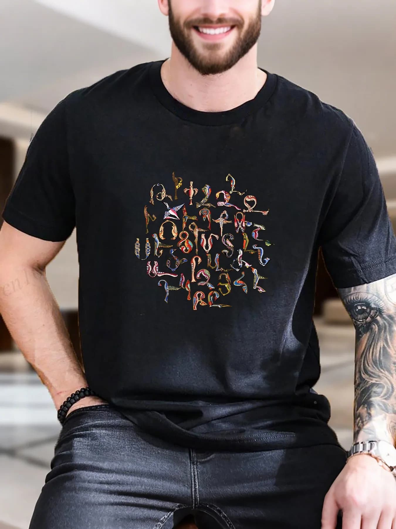 T-shirt a maniche corte stampata da uomo - Design Circle Bird, maglietta comoda casual traspirante in cotone 100% per l'uso quotidiano, alla moda e