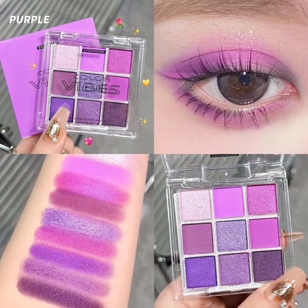Palette di ombretti a 9 colori con tonalità opache e brillanti per un look viola smoky, trucco occhi per cosplay di personaggi piccanti