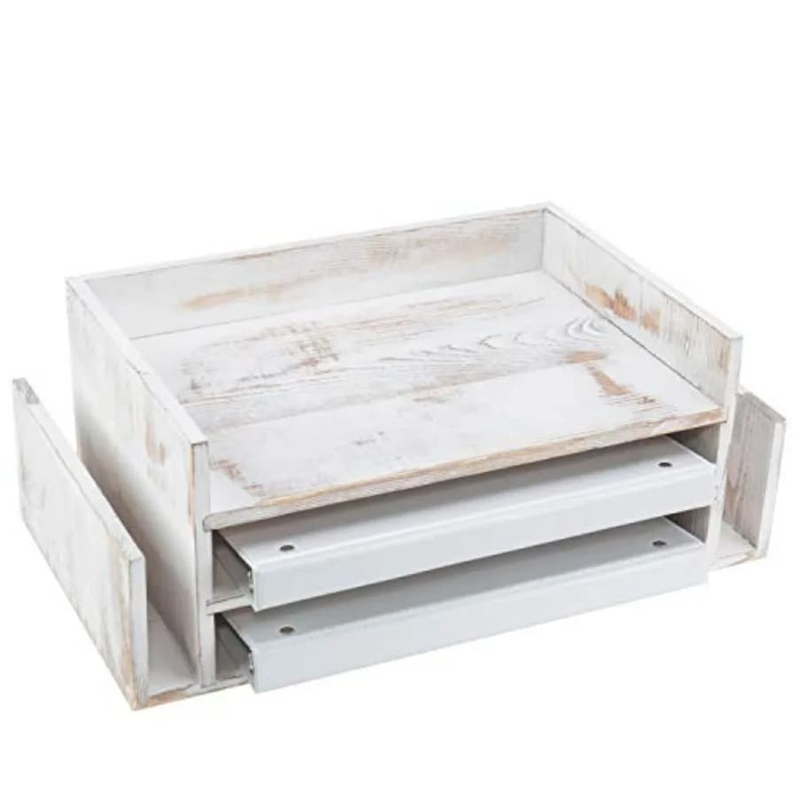 Organizzatore da Scrivania a 3 Livelli e Portadocumenti in Legno, Porta Lettere per Ufficio, Organizzatore Documenti da Scrivania in Legno Bianco Stile Rustico con Supporto per Carta