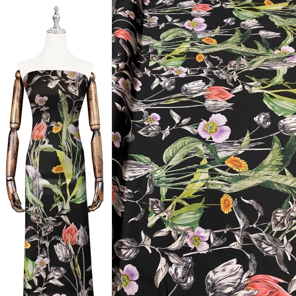 Fashion New Product Silk King High End Fabric Black Bottom Printed Mulberry Silk A Type Dress Cheongsam Clothing Fabric Sewing