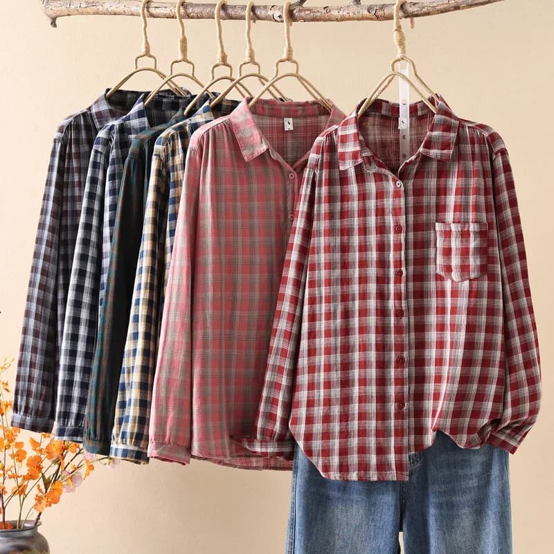 Women Spring Autumn Mori Girl Vintage Clasic Plaid Cotton Yarn Shirts Turn Down Collar Long Sleeve Casual Loose Blouse Tops