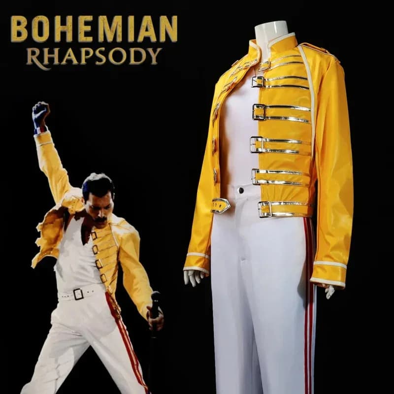 ♥ Nuovo Costume Freddie Mercury Anni '80 per Uomo, Outfit da Cantante Principale con Giacca Gialla per Concerti ♥ ♥ ★