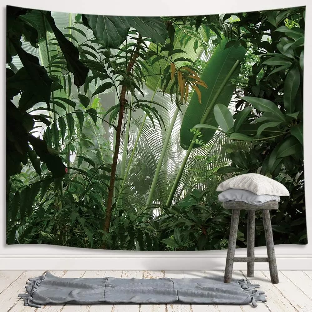 Green Plant Tapestry, Aesthetic Banana Palm Tree Leaves Wall Hanging for Bedroom, Tropical Forest College Dorm Home Decor