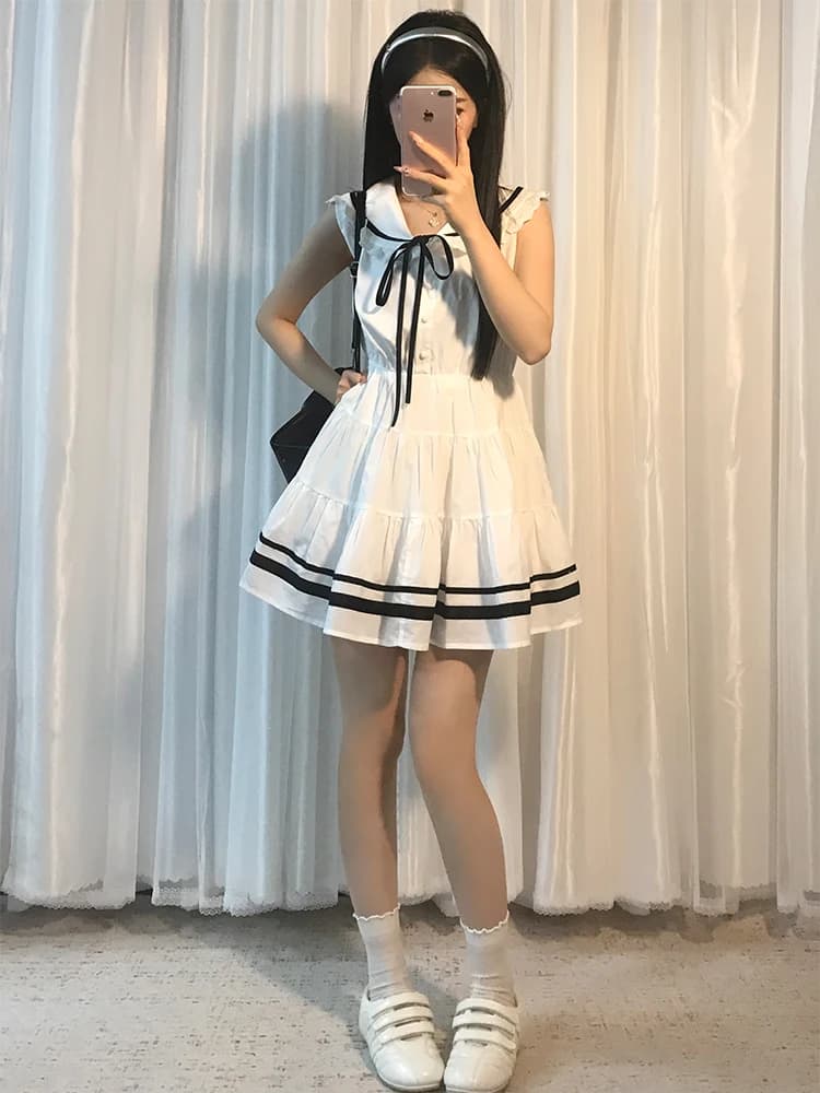 Summer New Style White Navy Collar Sleeveless Dress Women's A-Line Skirt Slimming Waist Cinched College Style Polyester