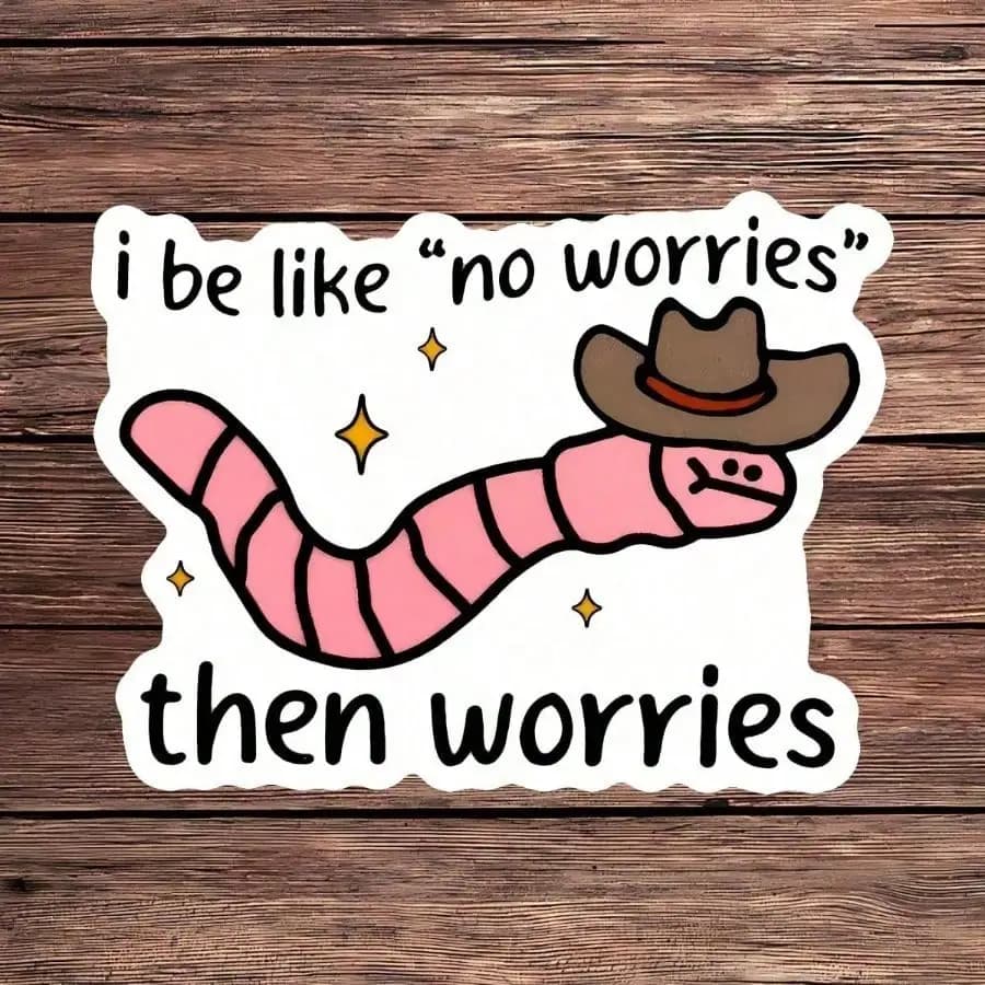 5 Adesivi Impermeabili a Forma di Verme Rosa con Scritta 'No Worries', Decorazioni per Laptop, Borracce e Auto