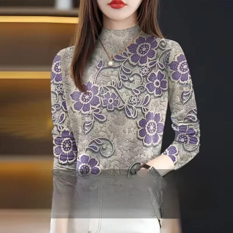 Maglia Base da Donna in Pile Spesso a Maniche Lunghe, Stile Trendy per Mamme, Top Stampato Slim Fit per il Pendolarismo, Stile Etnico Artistico