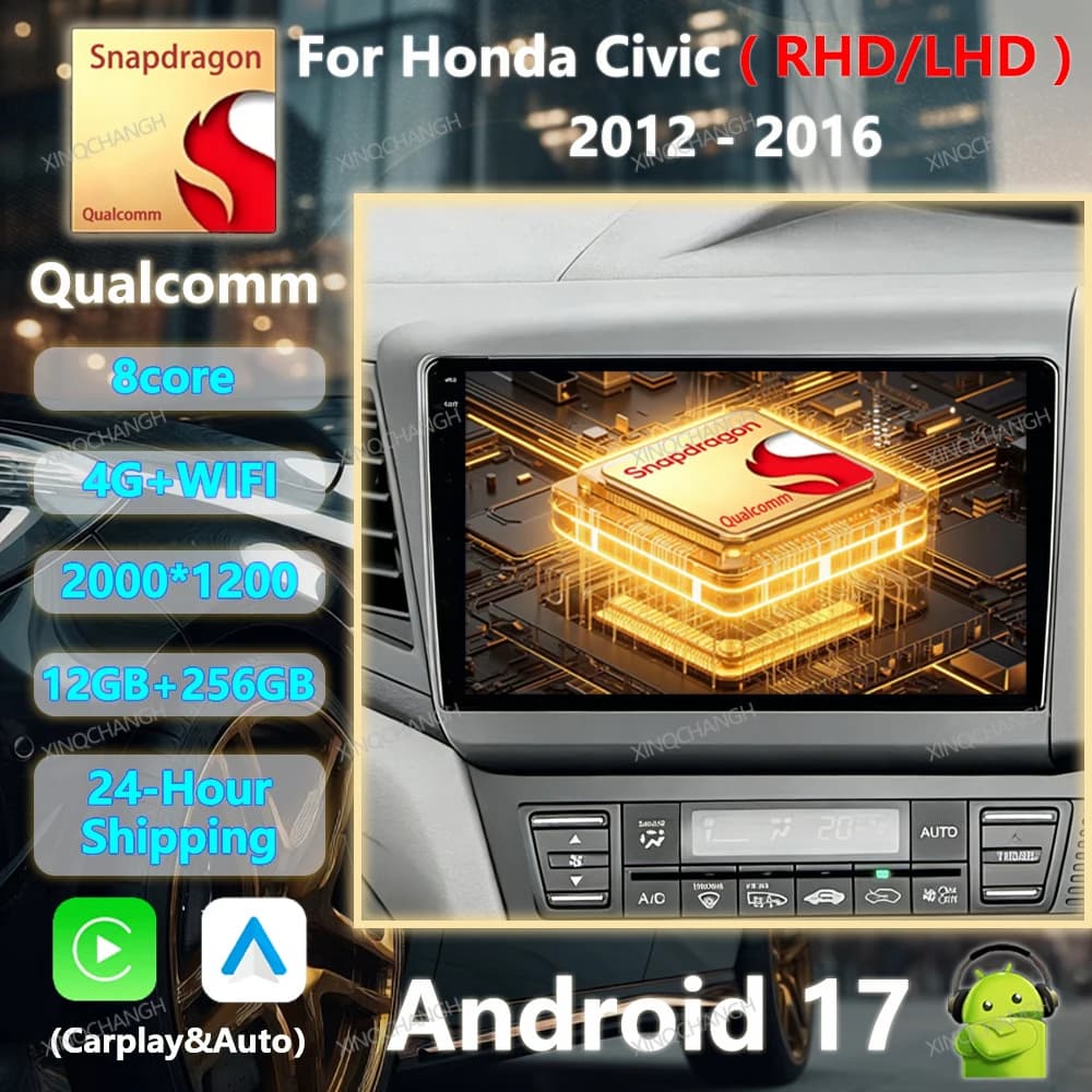 Android 17 Car Radio Carplay Auto For Honda Civic 9 2012 - 2016 BT Qualcomm 4G WIFI Head Unit GPS Multimedia Video Player 2DIN