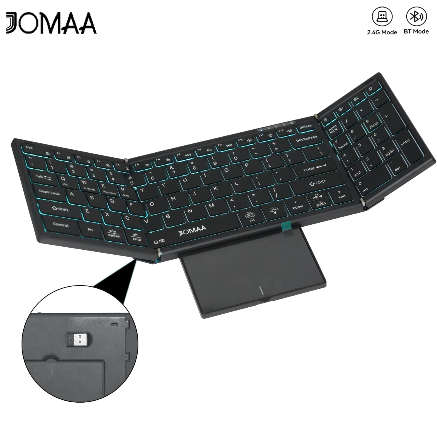 Tastiera Touchapd wireless dual mode portatile Bluetooth e 2.4G per PC/Android/Mac Tastiera pieghevole da viaggio ricaricabile 98 tasti-Nero