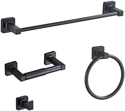 Set di Accessori per Bagno in Nero Opaco - 4 Pezzi in Acciaio Inox con Portasciugamani e Ganci