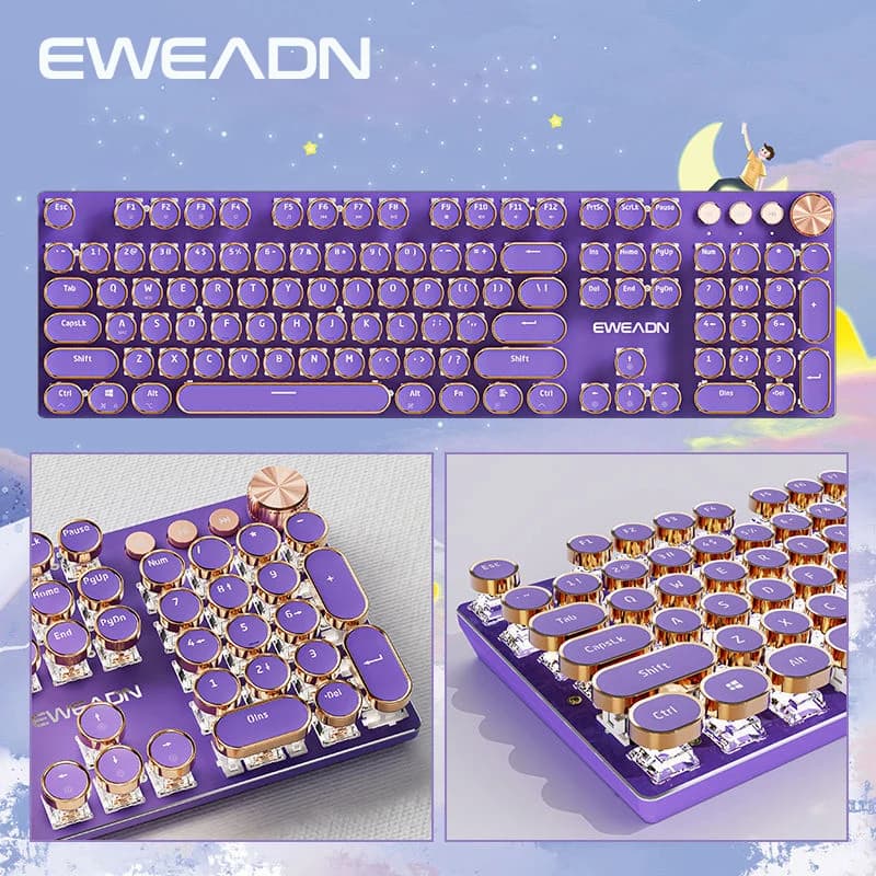 V20 Punk Typewriter Mechanical Gaming Keyboard, 104 Keys Round Keycaps LED White Backlit, Key-wire Separation Design