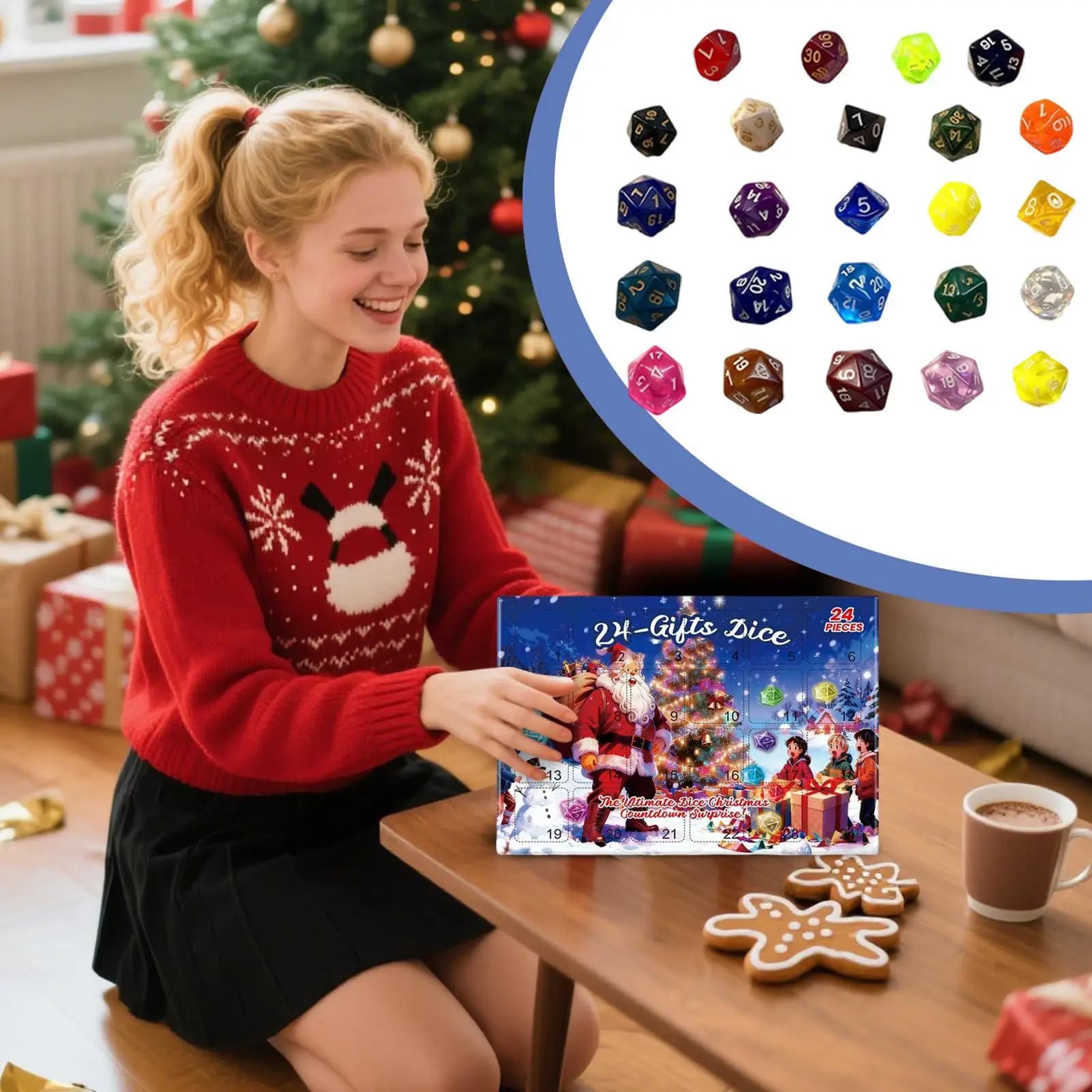 2025 Calendario di Natale Accessorio per giochi da tavolo 24 giorni Gioco di ruolo Set di dadi Calendario per il conto alla rovescia per donne Ragazzi Ragazze Giovani adolescenti