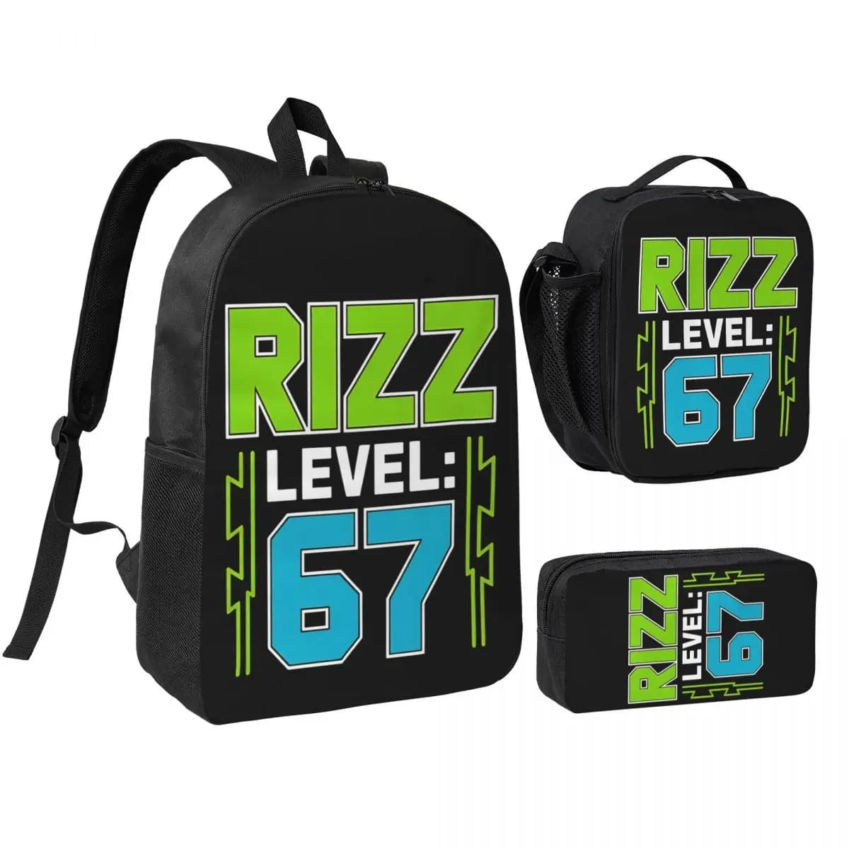 Rizz Livello 67 Meme Camicia Tendenza giovanile Six Seven 6 7 Meme 6 7 3pecs/set Zaino per studenti Borse di tela Borsa per il pranzo Astuccio