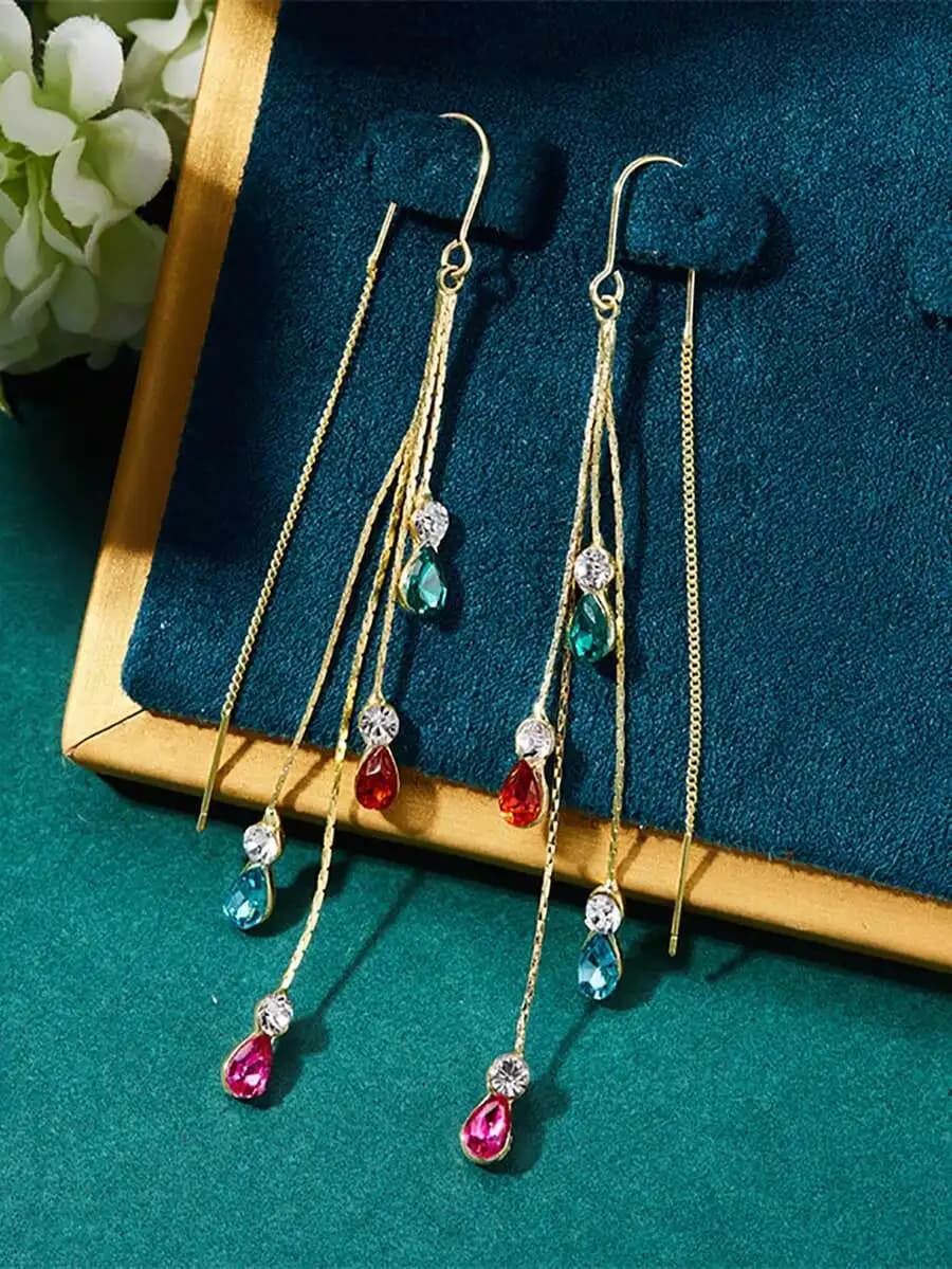 Orecchini a catena lunghi con strass a goccia d'acqua per donna