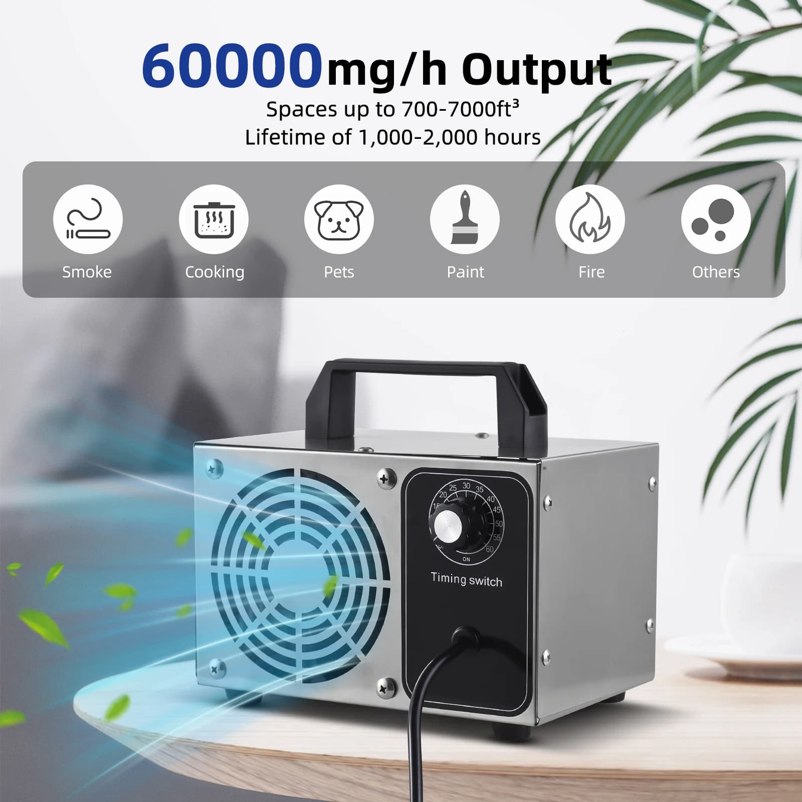 Generatore di ozono Macchina per ozono in acciaio inossidabile Rimozione odori Ionizzatore Purificatore d'aria Ozono per animali domestici con maniglia portatile 0-60