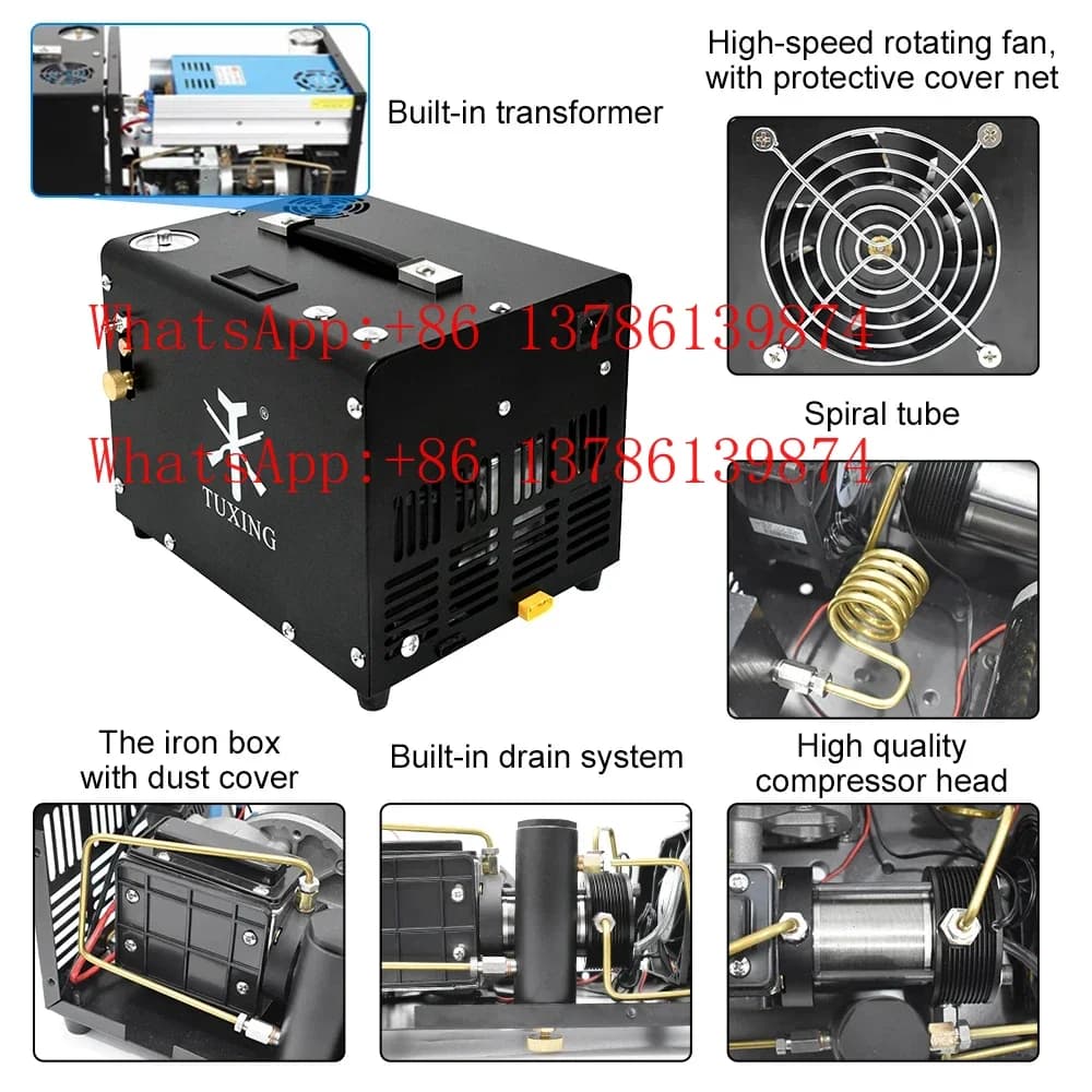Compressore PCP TUXING 12V a controllo manuale 300Bar 4500Psi, mini pompa elettrica per paintball e snorkeling