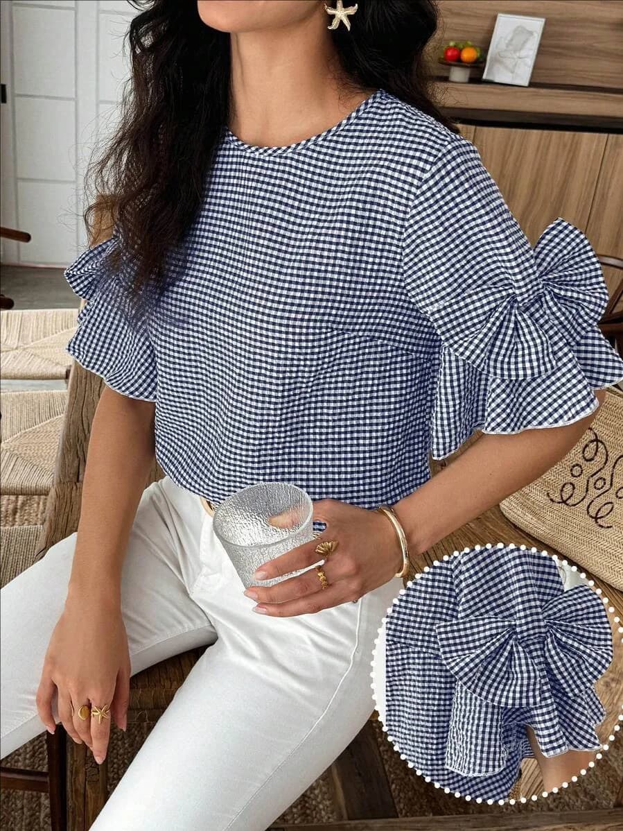 Sweety Tops Moda Donna Camicetta Bohemien 2026 Estiva con Fiocco e Stampa a Quadri, Camicie da Ufficio Plissettate per Vacanze, Tunica, Blusa