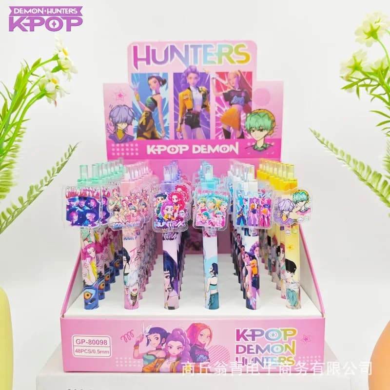 48 Pezzi Nuove Penne Gel Anime KPop Purple Girls, Penne a Pressione Nere da 0,5 mm, Cancelleria per Studenti, Vendita all'Ingrosso