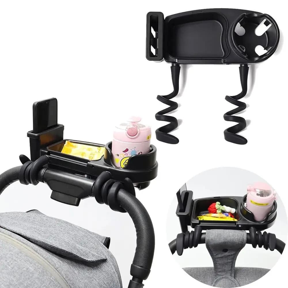 Vassoio Universale per Passeggino 3 in 1 con Portabicchiere e Porta Telefono, Bracci Flessibili, Organizzatore per Passeggino