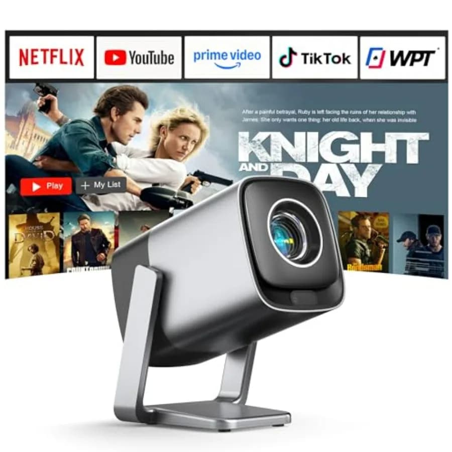 Mini Proiettore Smart con WiFi e Bluetooth per Home Cinema, Argento, Supporto 4K, Audio Dolby, Messa a Fuoco in Tempo Reale, Supporto Rotante a 210°