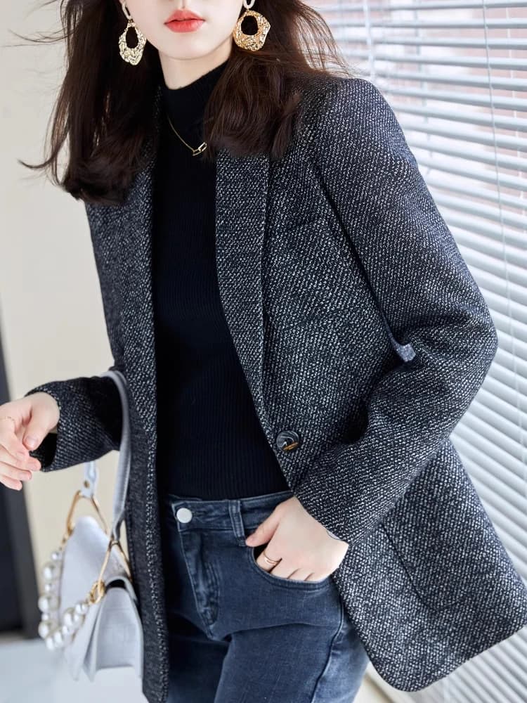 Black Woolen Suit Jacket for Women Casual Thickened Autumn Winter New Style Professional Goddess Style Large Size Top Shirt