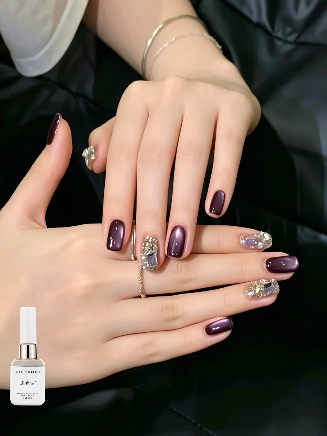 12ml Dark Purple Cat Eye Gel Nail Polish Gold Diamond Gel Set Holographic Reflective, Rich Color, Long Lasting