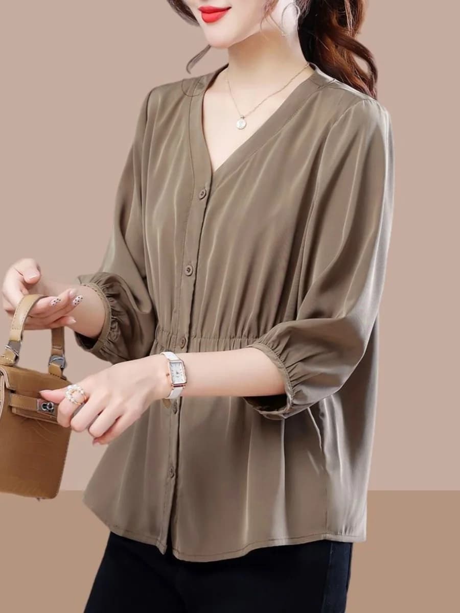 Women's Loose Fit Shirt V-Neck Spring Summer New Style 7/8 Sleeve Waist-Cinching Chiffon Top Belly Concealing Slimming Top