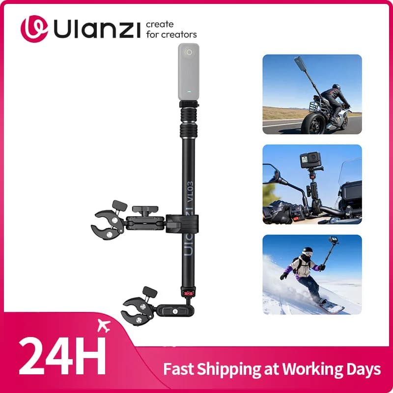 Ulanzi VL03 Supporto per selfie stick per moto con super morsetto per Gopro per Insta 360 Supporto per selfie stick per ciclismo all'aperto
