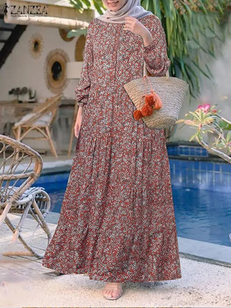 2025 ZANZEA Fashion Floral Print Muslim Dress Woman Casual Trained Volant Abaya Summer Dress Caftano Robe Female Vintage Maxi Dresses