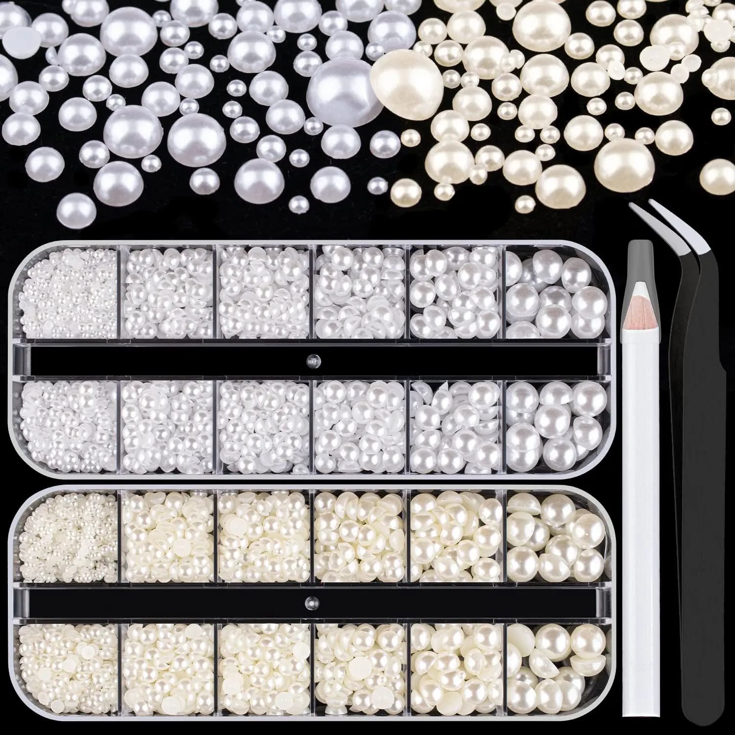 2700 Pcs Flat Back Pearls Kits, 1 Box of Flatback White+1 Box of Beige Small Half Round Pearls with Pickup Pencil and Tweezer