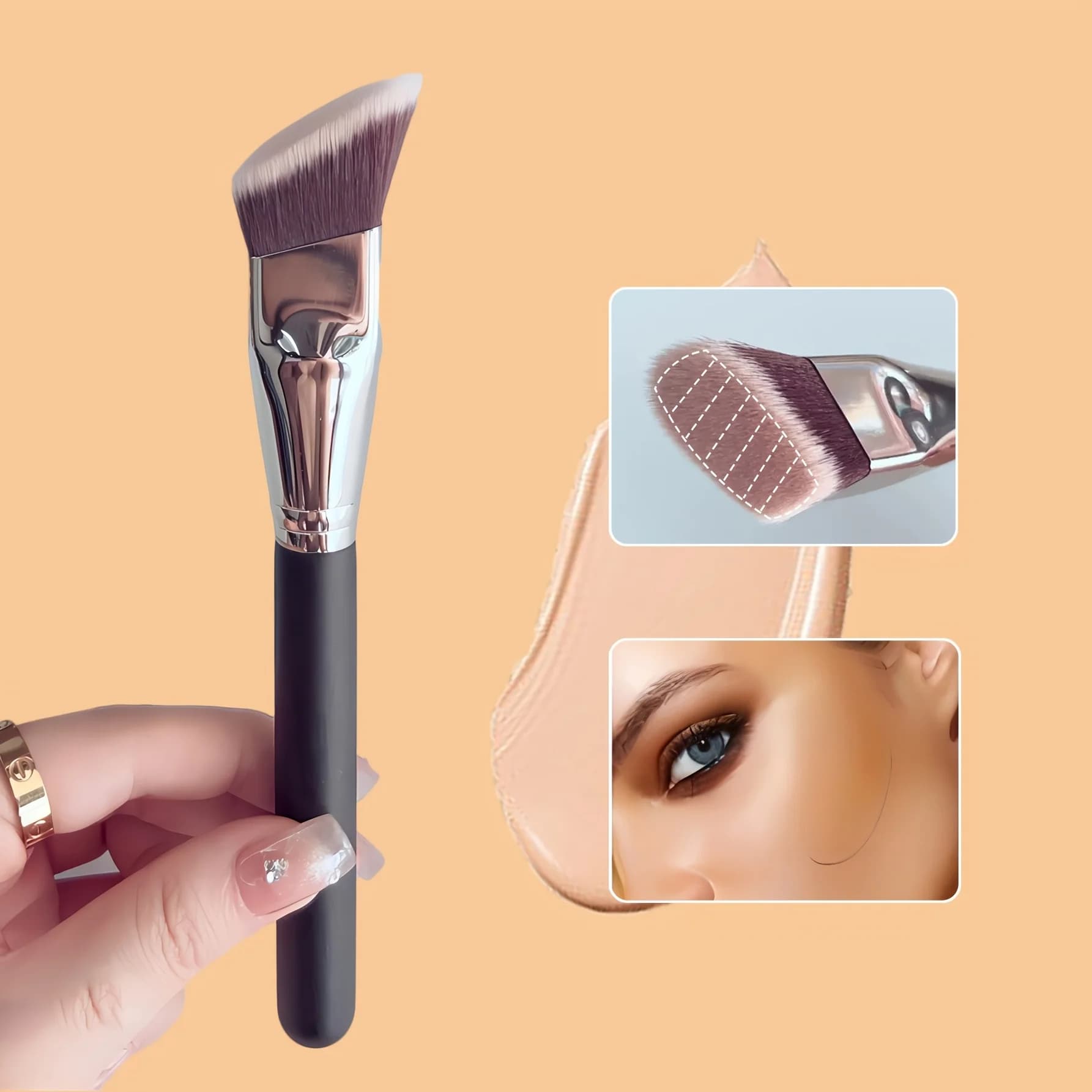 Pennello Professionale per Fondotinta ad Angolo Ampio con Setole Rettangolari Adatte a Tutti i Tipi di Pelle, Strumento per il Trucco in Fibra Sintetica