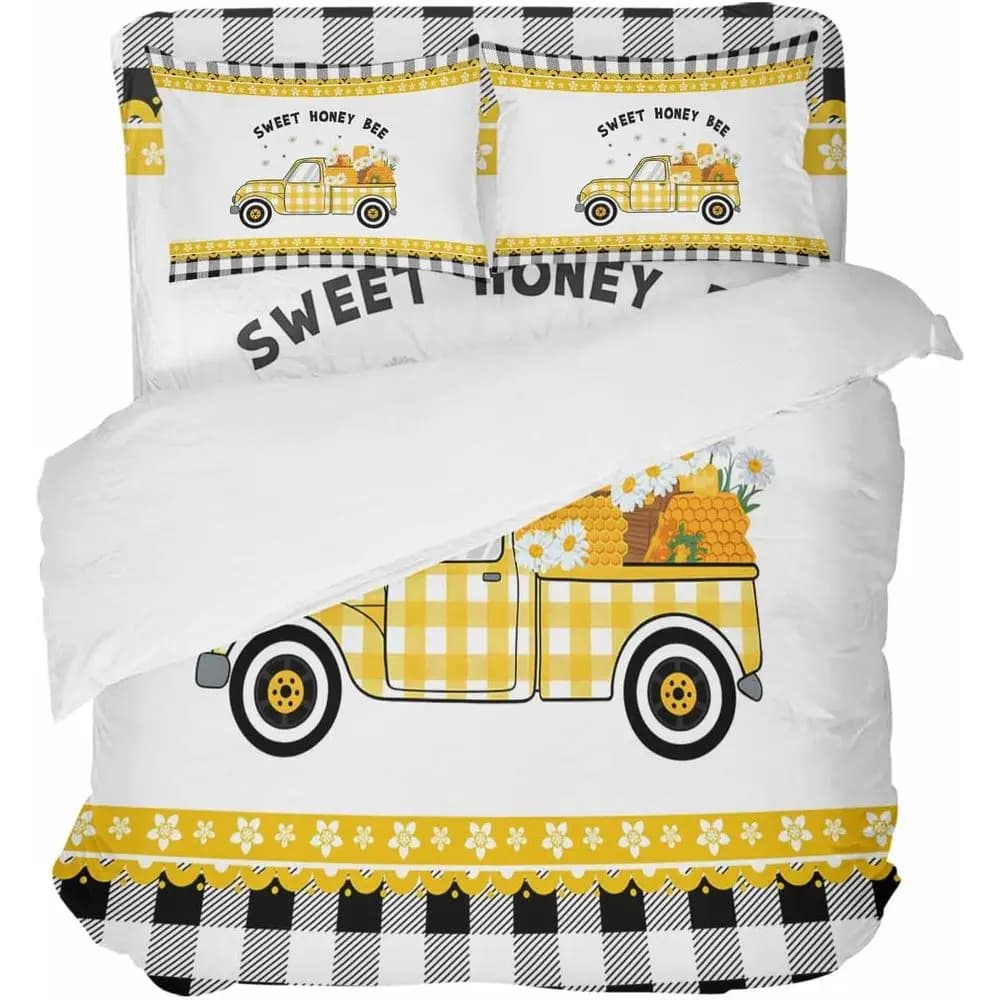 Set Biancheria da Letto 4 Pezzi, Copripiumino California King Size, Motivo Camion Giallo con Bordo a Quadri, Lenzuola e Copripiumino