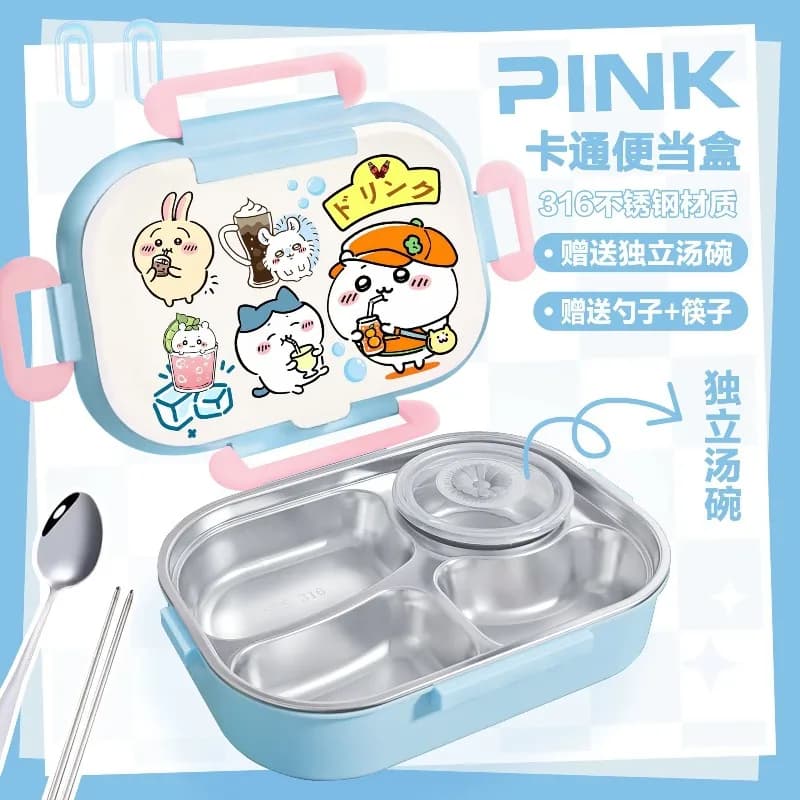 Hot Chiikawa Insulated Lunch Box Dinner Plate 316 Stainless Steel Divided for Kids School Children Food Safe Portable Daily Use