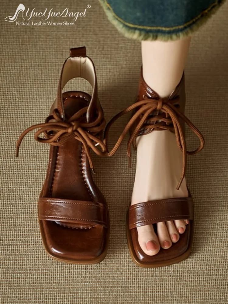 Fashion Ladies Elegant Mid Heel Open Toe Genuine Leather Women Summer Retro French Style Leisure Thick Lace Up Sandals Shoes