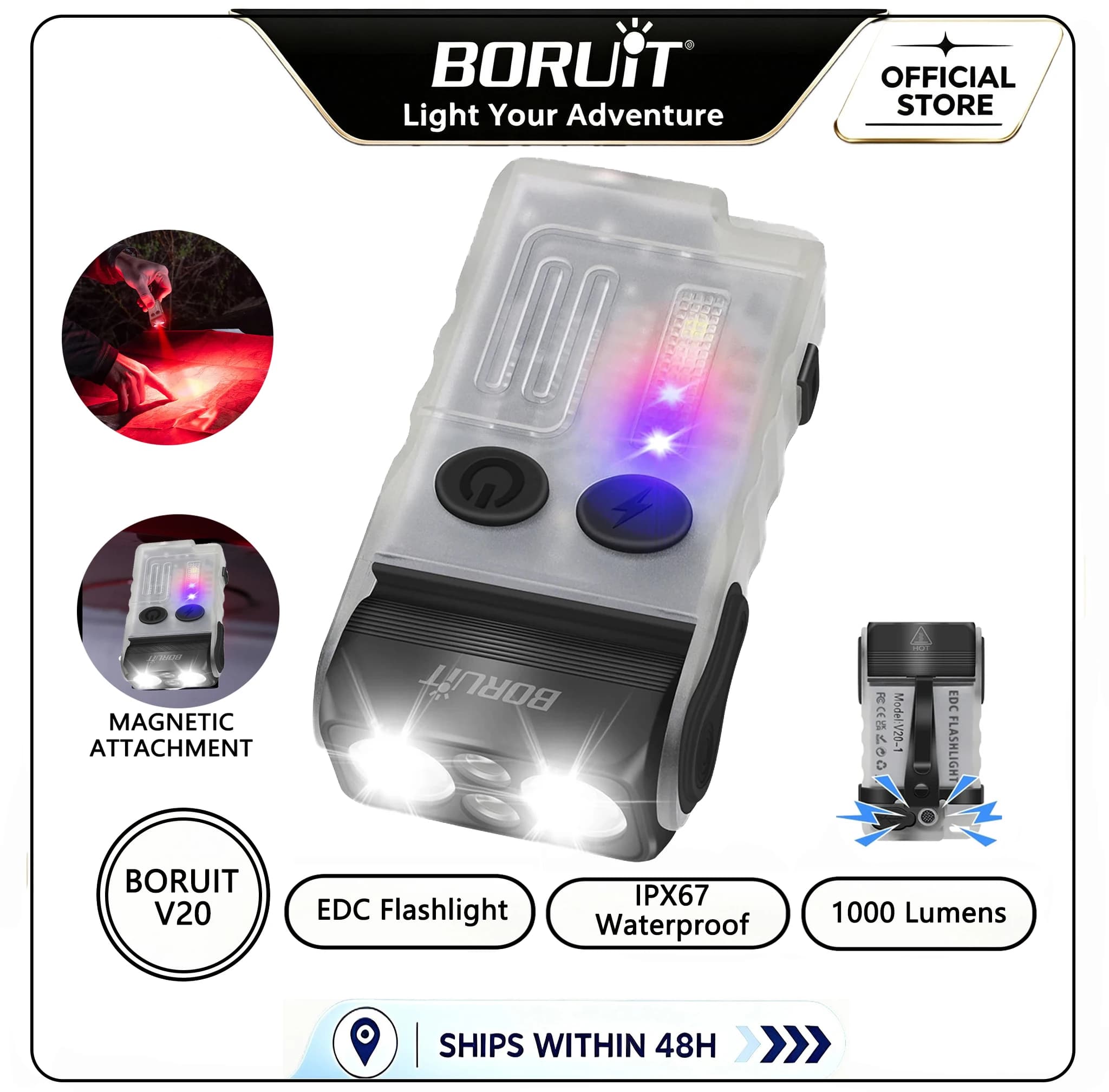 BORUiT V20 Cicalino EDC Portachiavi LED Torcia Testa Girelle Tipo-C Torcia da lavoro ricaricabile con magnete Lanterna da campeggio