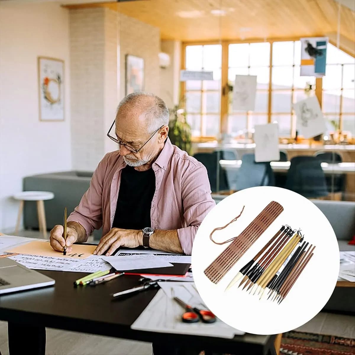 DT38 Chinese Calligraphy Brushes Set, 15Pcs Chinese Writing Brushes with Bamboo Pen Holder Japanese Painting Ink Brushes