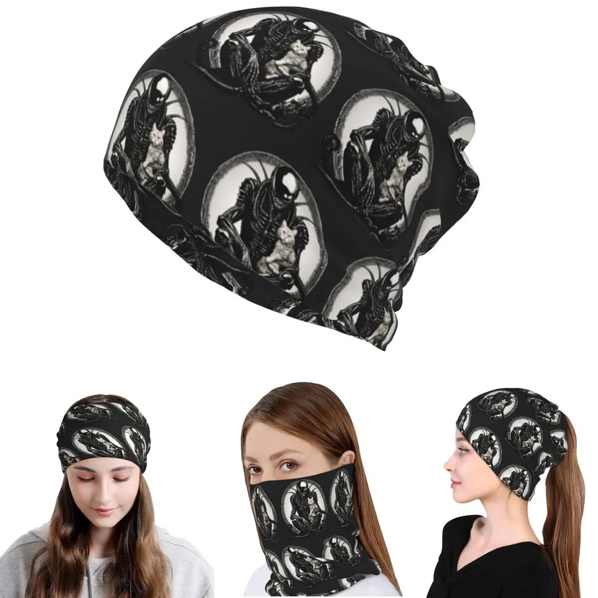 Xenomorph And A Cat Bandana Neck Cover Mask Scarf Multifunction Cycling Scarf Beanies Hat Unisex Adult Washable
