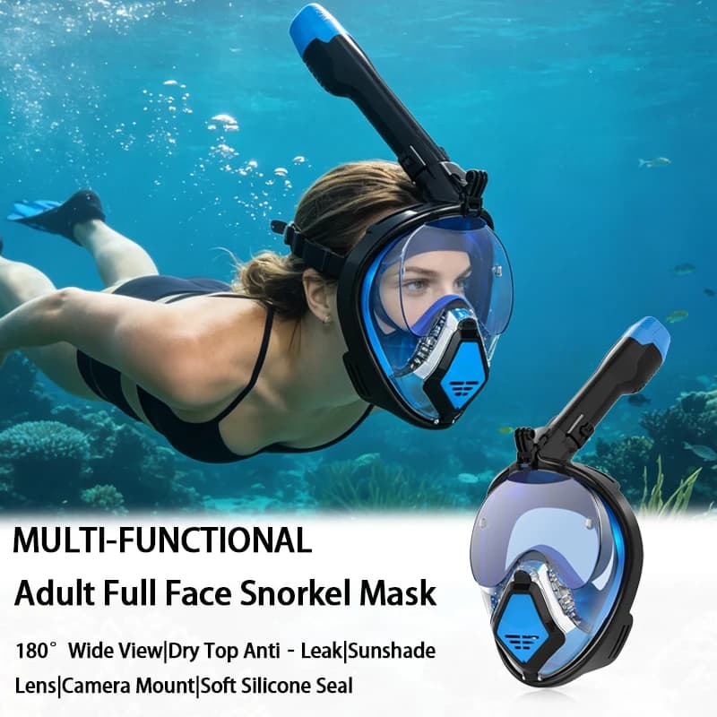 Integrated Underwater Mask for Adults, 180 Degrees wide, Dry Top breathing system, anti-lost, sun-drying lens, for snorkeling and swimming