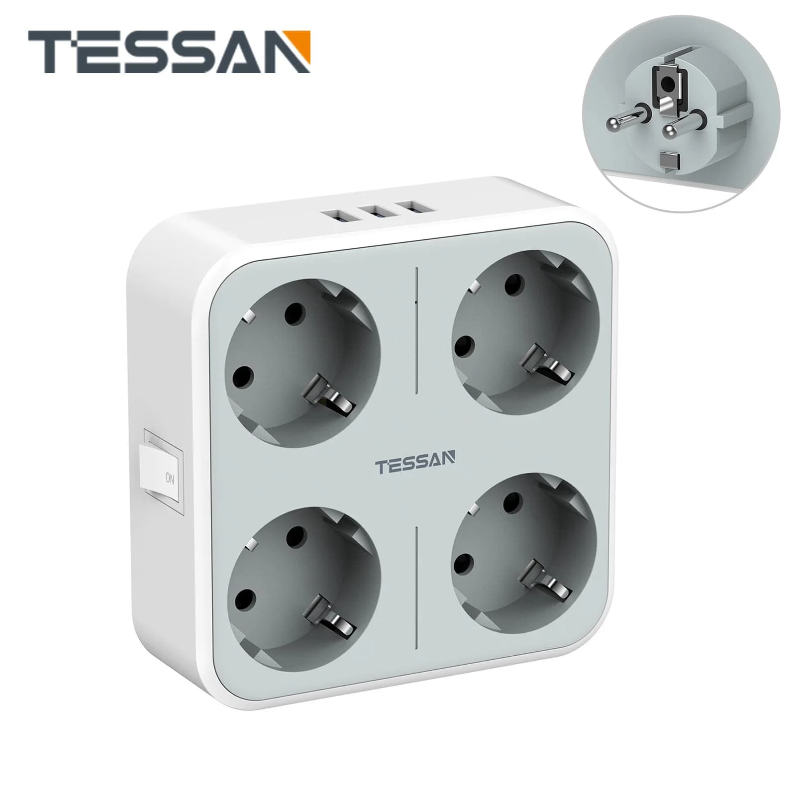 TESSAN Multipla presa a muro Multipla con 4 prese CA e 3 porte USB Adattatore 7 in 1 Protezione da sovraccarico per Home Office