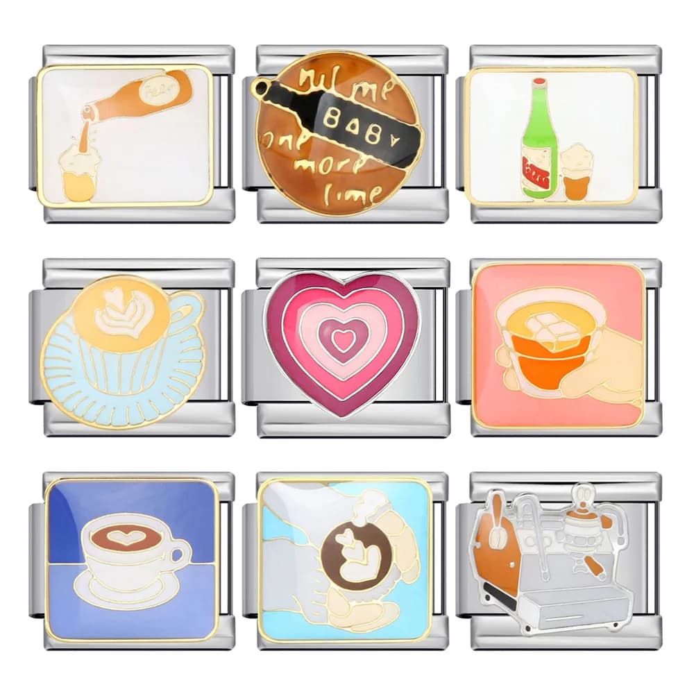 URING New Personalized Cheers Coffee Beer Italian Charm Link Fit 9mm Stainless Steel DIY Making Women Men Bracelet Beads