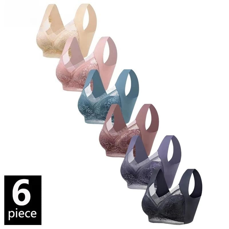 6 reggiseni push-up senza fili da donna, con scollo a V profondo, in pizzo, taglie forti, comodi, morbidi, non imbottiti, lingerie senza cuciture