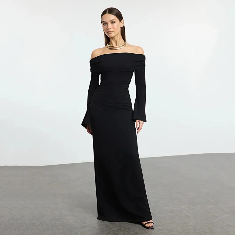 Customized Simple Jersey Pleat Straight Boat Neck Long Dresses Bespoke Occasion Dresses Fashion Exquisite Sizes Available Casual